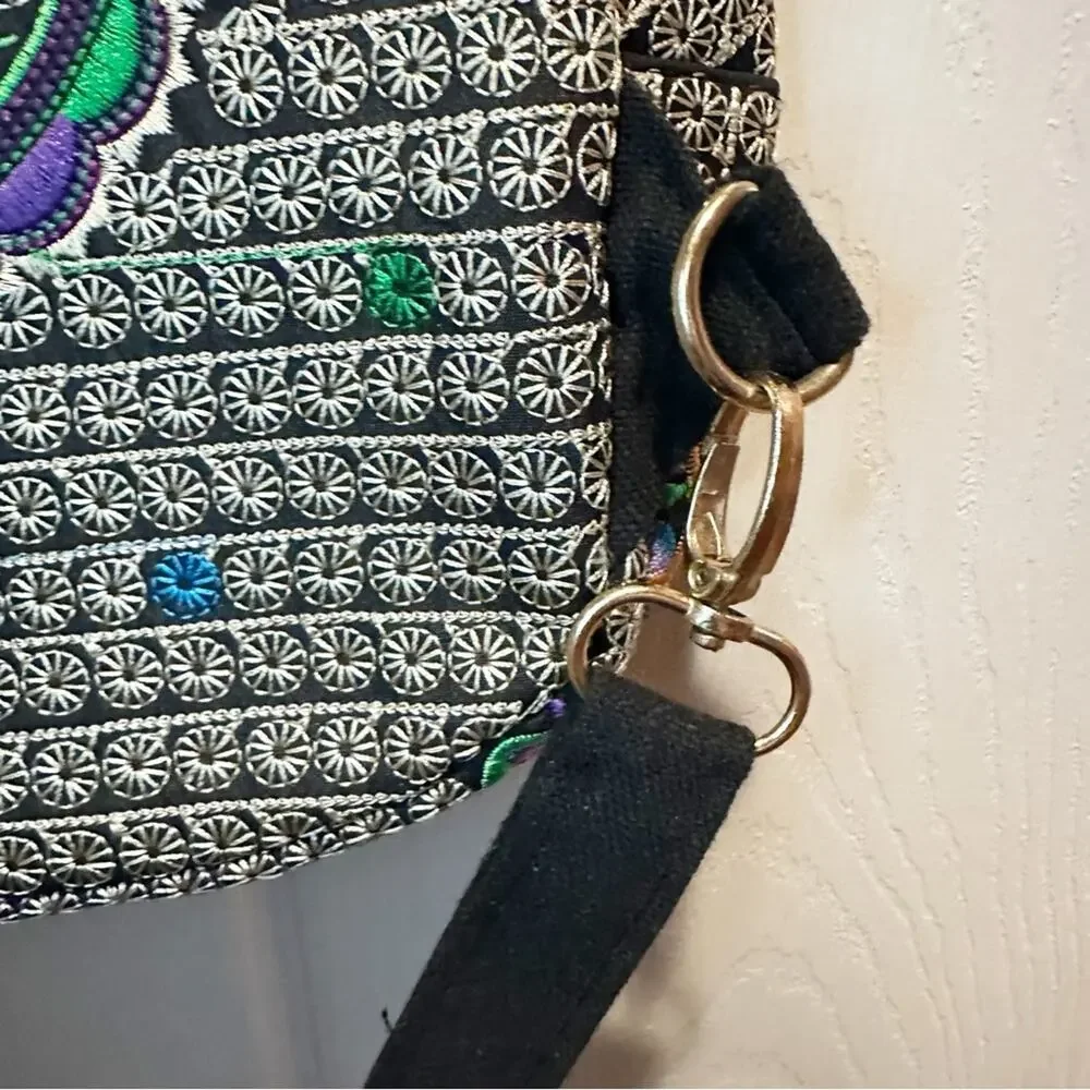 Floral Embroided Backpack Boho Bohemian Black Purple Mexican
